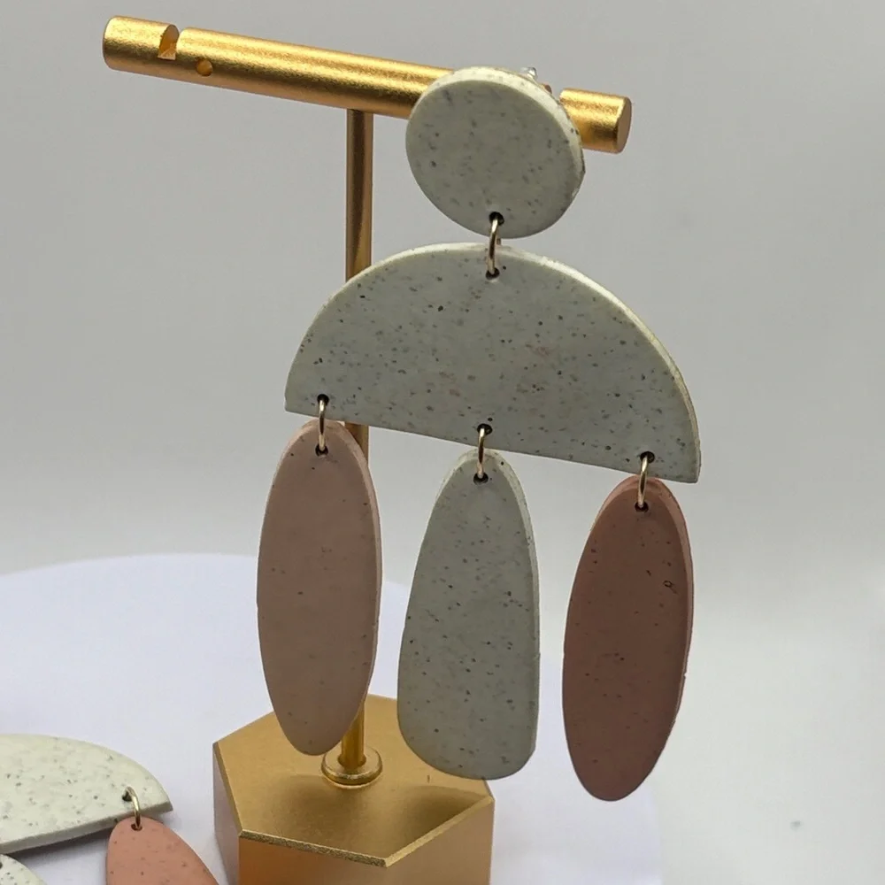 Modern Geometric Speckled Polymer Clay Dangle Earrings - Neutral Gray & Tan